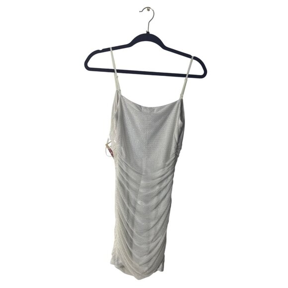 White Ruched Mini Dress With Glitter Accents Adjustable Spaghetti Straps - Picture 3 of 6